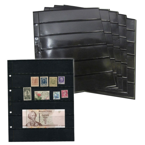 Лист для банкнот и марок на 6 ячеек (40*184). OPTIMA 200*250. На черной основе (двухстронний)