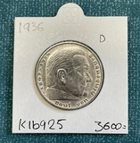K16925 1936 Германия 5 марок рейхсмарок Гинденбург D геральдика Ag-900, 13.88 gr