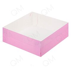 Коробка для зефира, тортов и пирожных с пластиковой крышкой 200х200х70 мм (розовая), 50шт