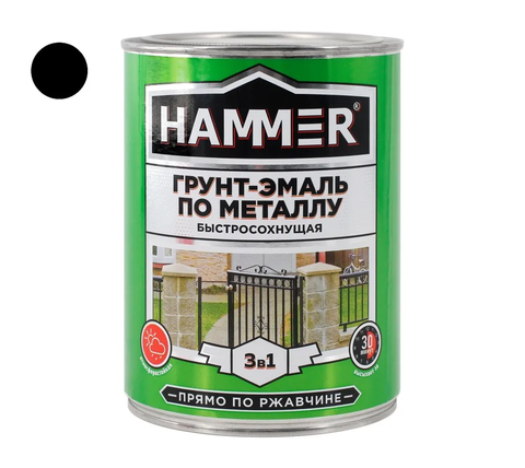Грунт-эмаль HAMMER 3в1 Быстросохнущая, Хлорвиниловая, Матовое покрытие, 0,9 кг, черный (под заказ)