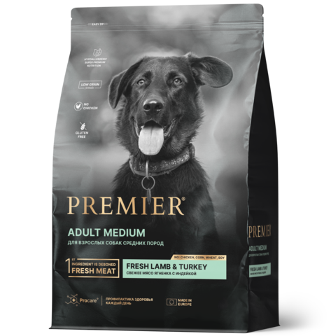 Premier Dog Lamb&Turkey ADULT Medium (Свежее мясо ягненка с индейкой для собак средних пород) 10кг