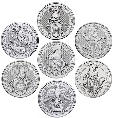 Набор из 7 монет 5 фунтов. Звери Королевы. Великобритания. 2016-2019 г.г