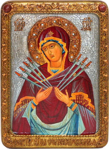 Инкрустированная живописная икона Образ Божией Матери Семистрельная 29х21см на кипарисе