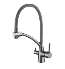 Cмеситель для кухни с выходом для питьевой воды гибкий силиконовый излив оружейная сталь