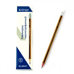 
          Карандаш ч/г Alingar HB, дерево, с ластиком, шестигранный, заточенный, корпус черный с оранжевыми полосами, 12 шт/уп, картонная упаковка