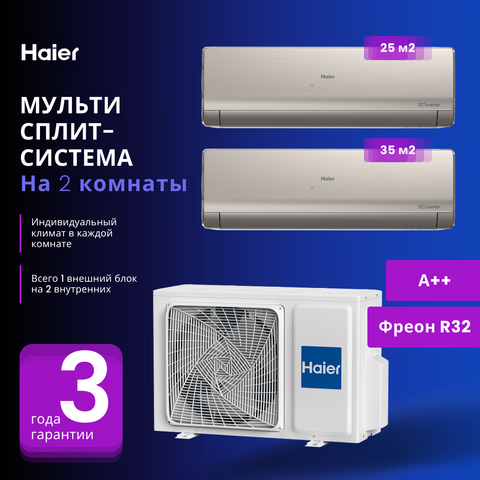 Мульти сплит-система Haier AS09NS6ERA-G + AS12NS6ERA-G / 2U40S2SM1FA на 2 комнаты 25+35 м2