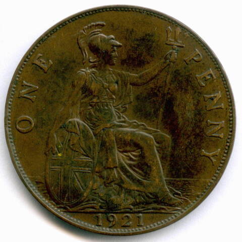 1 пенни 1921 год. Великобритания (Георг V). Бронза, диаметр 30.8 мм. XF