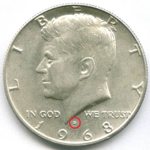 1/2 доллара 1968 (D). США (Кеннеди). Серебро XF-AU