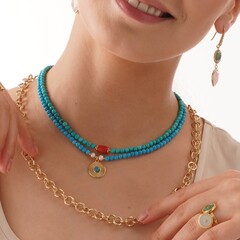 Чокер из Турквенита, Жемчуга и Подвески из латуни, gold