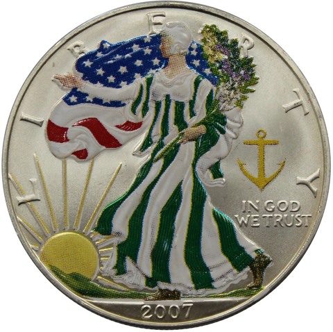 1 доллар 2007 год США "Шагающая свобода". Серебряная инвестиционная монета (зеленая)