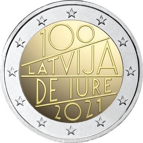 2 евро 2021 Латвия 100 лет со дня признания Латвии де Юре.