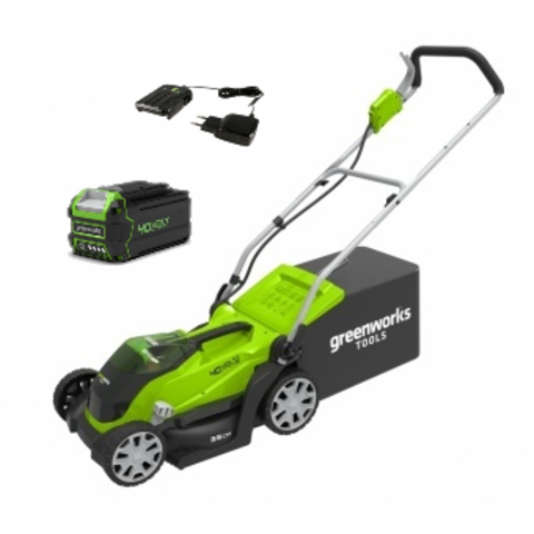 Газонокосилка Greenworks G40LM35k4, 40v, 35 см, в комплекте с АКБ 4 А·ч и ЗУ (аккумуляторная)