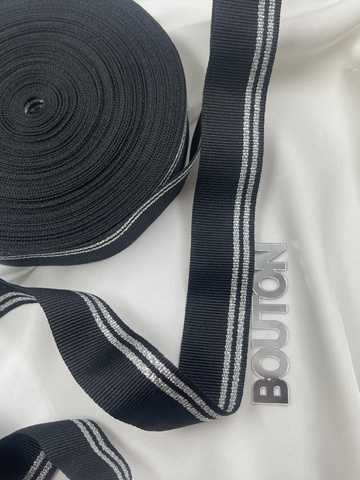 Репсовая лента черная с серебристыми полосками