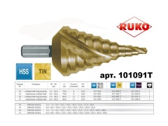 Сверло ступенчатое 5,3-38,5мм (Спиральное) HSS-G TiN 11ступ. L96мм хв.10мм Ruko 101091T