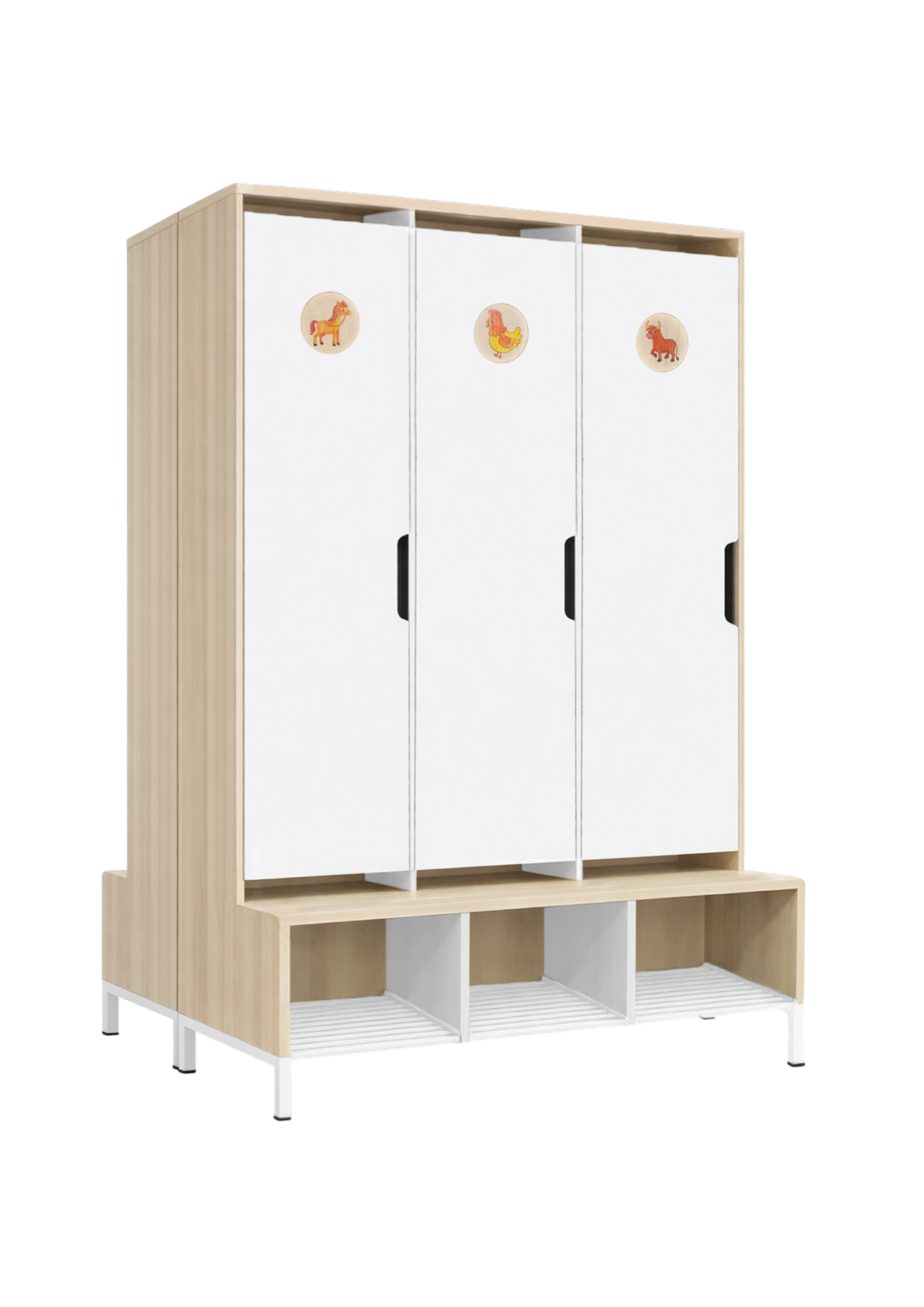 Шкаф со скамьёй для раздевалки детского сада / 3 секции