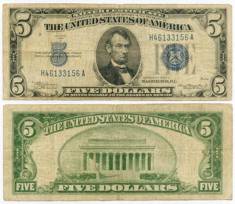Банкнота США 5 долларов (серебряный сертификат) 1934A H 46133156 A. F