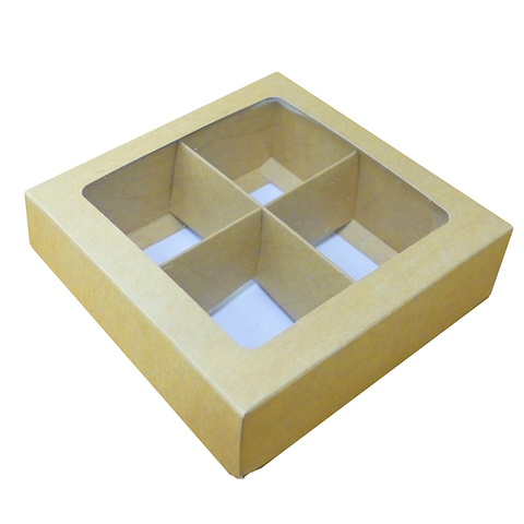 Коробка для 4 конфет с разделителями Крафт с окном