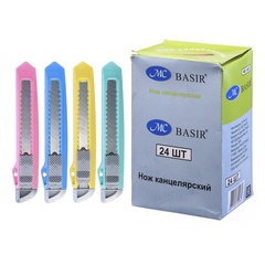 Нож канцелярский Basir для бумаги, 18 мм, 4-х цветов, 24 шт