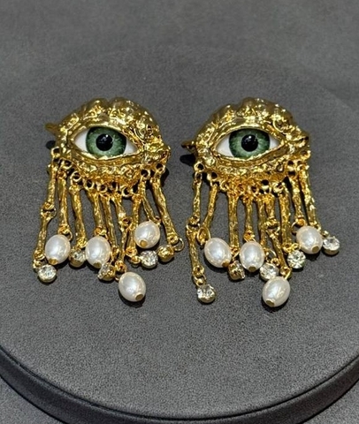 73135- Серьги ЗЕЛЕНЫЕ ГЛАЗА в стиле Schiaparelli с подвесками, цвет серебро / золото