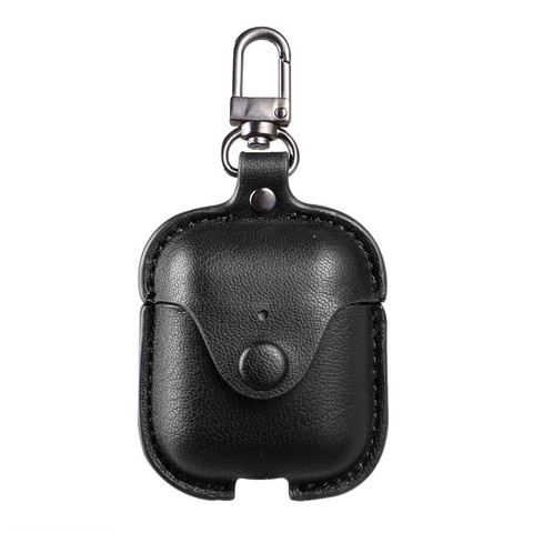 Кожаный чехол на кнопке с карабином для AirPods 1, 2 (Черный)