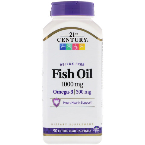 21st Century, Fish Oil, Reflux Free, 1,000 mg, 90 Enteric Coated Softgels