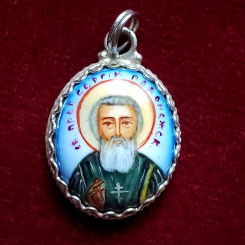 Икона с финифтью святой Сергий Радонежский кулон ручная роспись