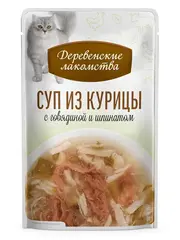Деревенские лакомства консервы для кошек «Суп из курицы с говядиной и шпинатом», пауч 35г*4шт