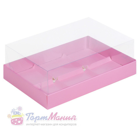Коробка под муссовые пирожные на 6 шт с пластиковой крышкой (розовая)