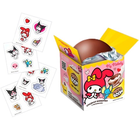 KUROMI, MY MELODY CHOCO BOOM Шар из молочной шоколадной глазури с маршмеллоу в коробочке 1кор* 6бл*12шт, 28г.