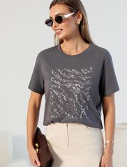 Нарядная футболка с принтом пайетками из премиального хлопка с эластаном  D49.124 (131285)