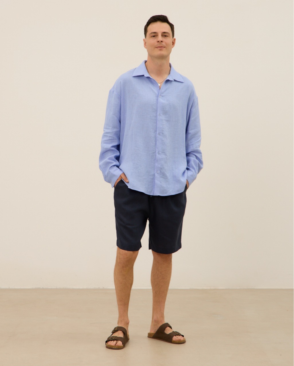 Рубашка мужская, из 100% льна, голубая