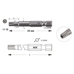 Бита T15H х25мм TORX TR (с отверстием) S2 1шт SGS 6325-TT15