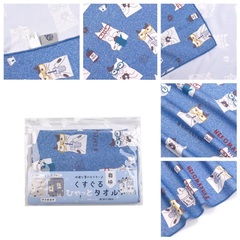 Легкий летний шарф-полотенце, повязка с милым котом "NEKOMARUKE", синий джинс, 24-8001-2, KUSUGURU