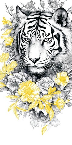 Открытка-конверт, без надписи, Тигр в цветах на белом, 8*17 см, 5 шт.