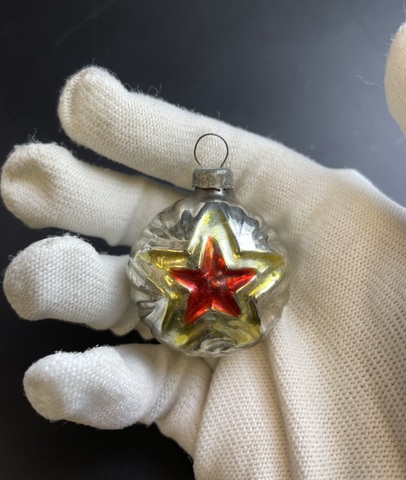 Ёлочная игрушка шарик с красной звездой, агитация, стекло, роспись, винтаж СССР 1950-1980 гг