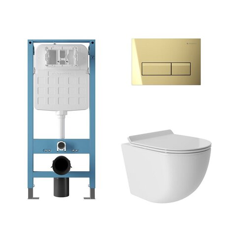 Aqueduto AQDS250T AQD комплект: TECNICA Novo Система инсталляции для подвесного унитаза, RETANGULO Novo Панель смыва, шлифованное золото, OVO Tornado S унитаз подвесной 480*360 безободковый, Tornado, сиденье с микролифтом, белый глянцевый