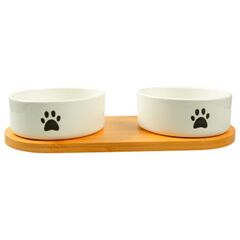 Mr.Kranch миска керамическая белая двойная на бамбуковой подставкMr.Kranch миска на подстае 2х350 мл