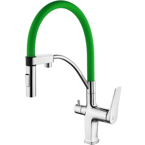 Lemark LM3074C-Green Смеситель для кухни с гибким изливом, с подключением к фильтру питьевой воды, 2 режима, высота излива 21 см, длина 23 см, латунь/хром/зелёный