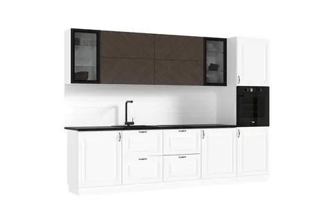 Кухня Престиж 3,0м (490) Компоновка №1 (Браш Вайт/Прайм орех, Белый (Кастилло темный))