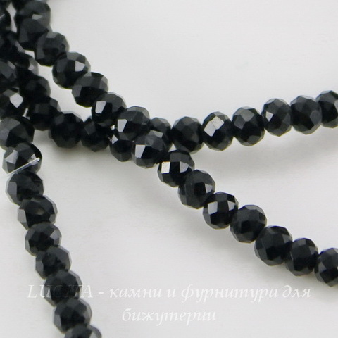 Бусина стеклянная, рондель с огранкой, цвет - черный, 3х2 мм, нить