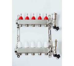 Коллекторная группа Grosseto с расходомерами 1"x¾" 5 выходов, нержавеющая сталь 10 бар универсальный кронштейн, автоматический воздухоотводчик