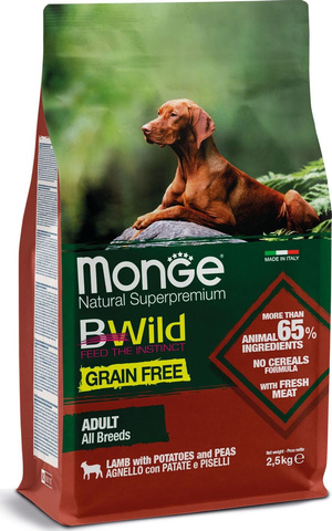 Monge Dog BWild GRAIN FREE беззерновой корм из мяса ягненка с картофелем для взрослых собак 2,5 кг