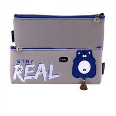 Пенал - косметичка, Alingar, ПВХ, молния, 85 х 215 мм, "Star Real", серый/синяя молния (синий котик)