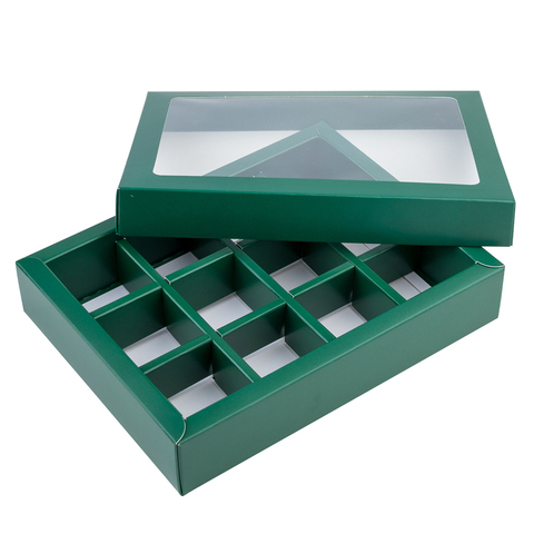 Коробка для 12 конфет с разделителями Зелёная с окном