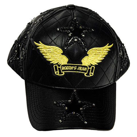 Robin&#39;s Jean | Бейсболка мужская BLACK QUILTED LEATHER CAP WITH STUDDED STARS перед