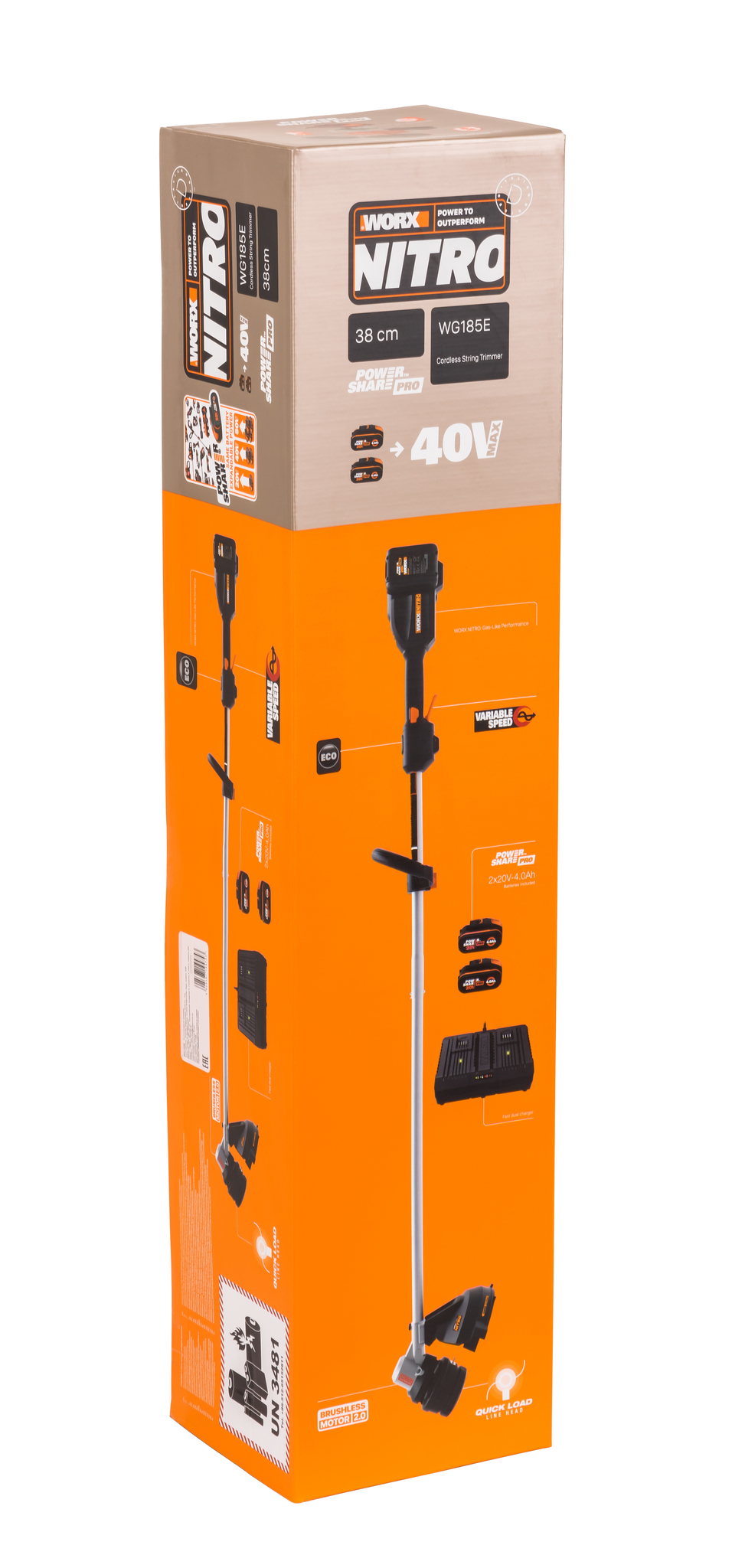 Триммер аккумуляторный бесщёточный WORX WG185E 40В, 38см, 4Ач х2, двойное ЗУ 2x2A, коробка