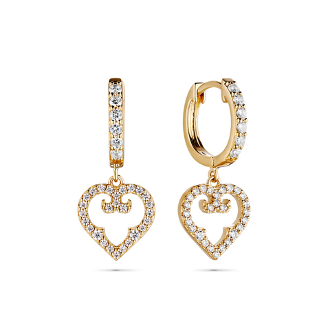 Mono Heart Earrings, Yellow Gold, Cubic Zircons