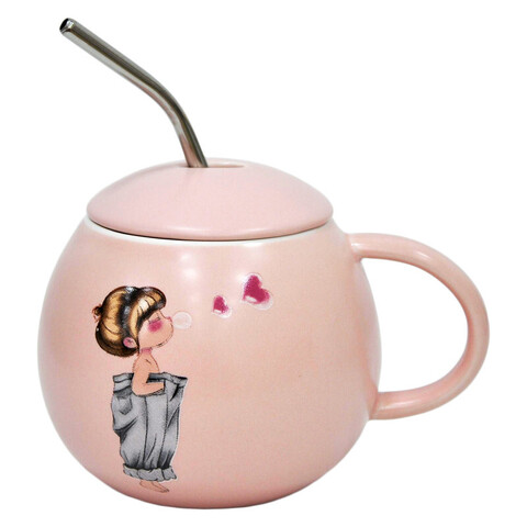 Керамическая кружка с крышкой, розовый, 430мл