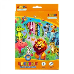 Карандаши цветные Zoomi 18 цв., "ZOO. Джунгли" деревянные, шестигранные, заточенные, дизайн на корпусе, грифель 3.0 мм, картон. уп., европодвес