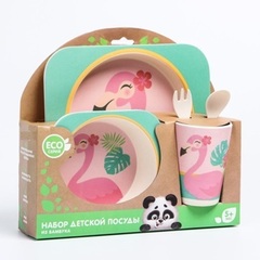 Набор бамбуковой посуды  Фламинго , тарелка, миска, стакан, приборы, 5 предметов 4167336